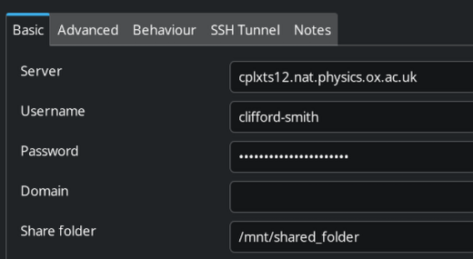 Remmina UI showing the "basic" tab with the server name, username, password filled in (we are using cplxts12.nat.physics.ox.ac.uk as an example server).